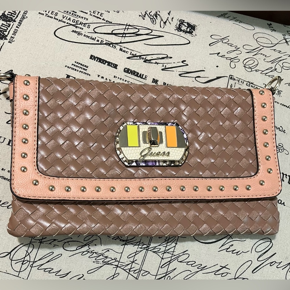 Guess Woven Tan & Peach Clutch, Like-New Condition